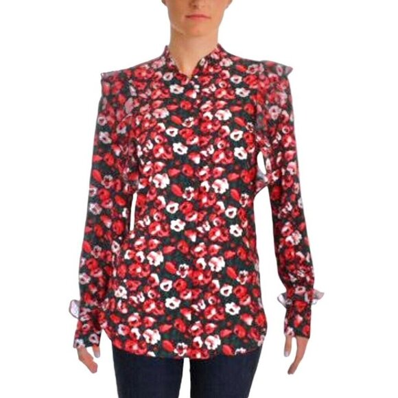 Lauren Ralph Lauren‎ Button Front Ruffle Floral Print Blouse L/S Petite Large - Picture 1 of 12